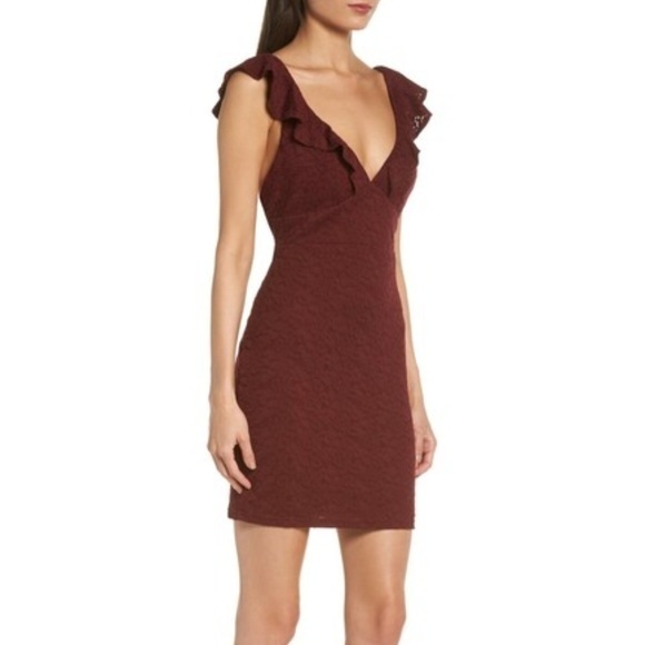 NEW Lulus Ruffle Neck Lace Minidress BURGUNDY - Picture 2 of 4